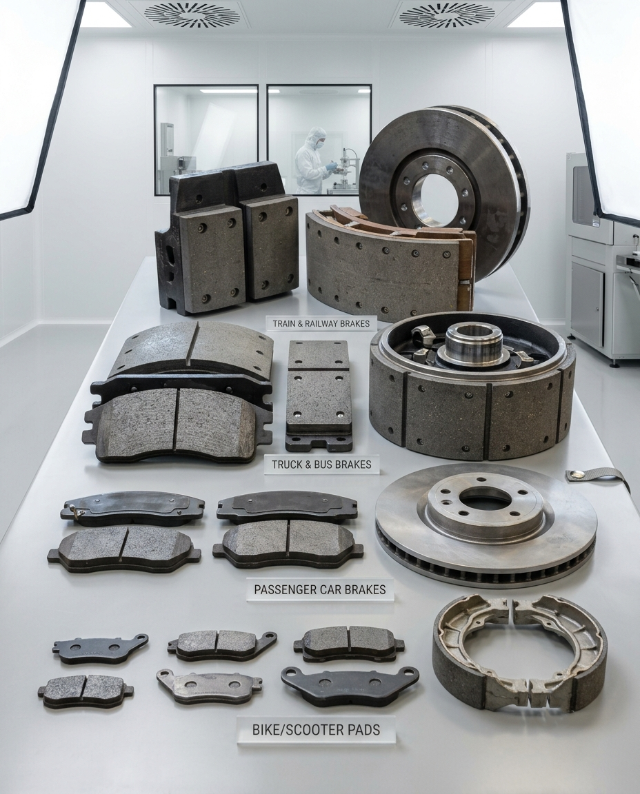 Lineup of friction products spanning train and railway brakes, truck and bus brakes, passenger car brakes, and bike or scooter pads